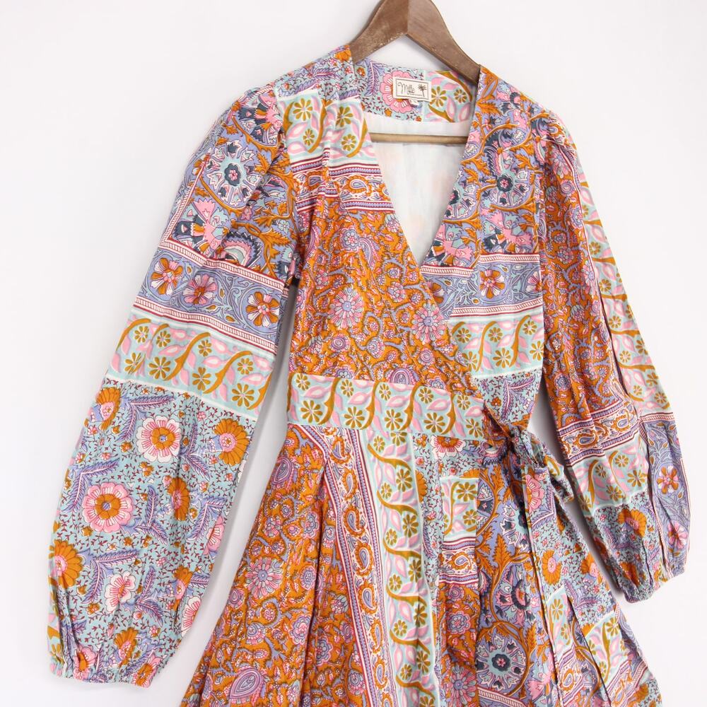 Mille Nan Wrap Dress Womens S Multicolor Floral Long Sleeve Cotton V Neck Mini - Picture 3 of 10